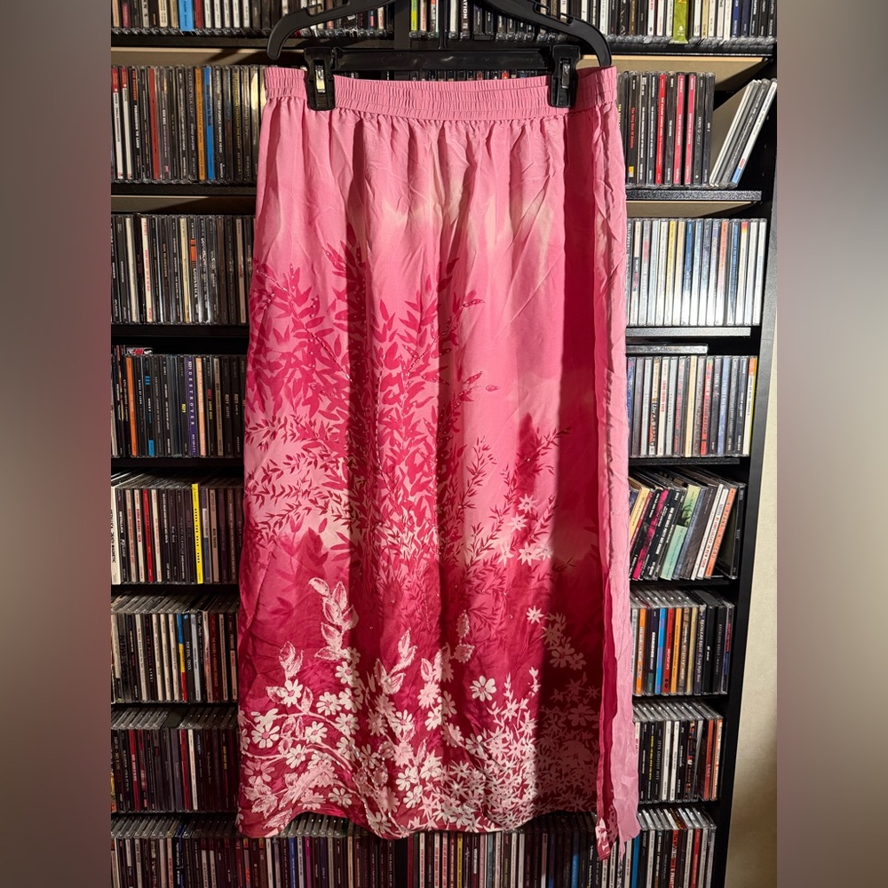 Diane Gilman 100% Bohemian Silk Pink Floral Beaded Maxi Skirt Size L Y2K Vintage